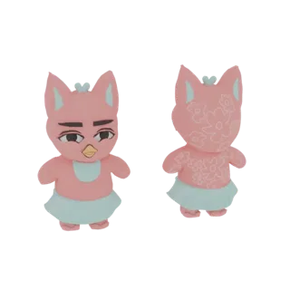 Vista frontal y trasera de un modelo 3D de un peluche de niña pájaro rosa con falda azul y patrón floral en la espalda.