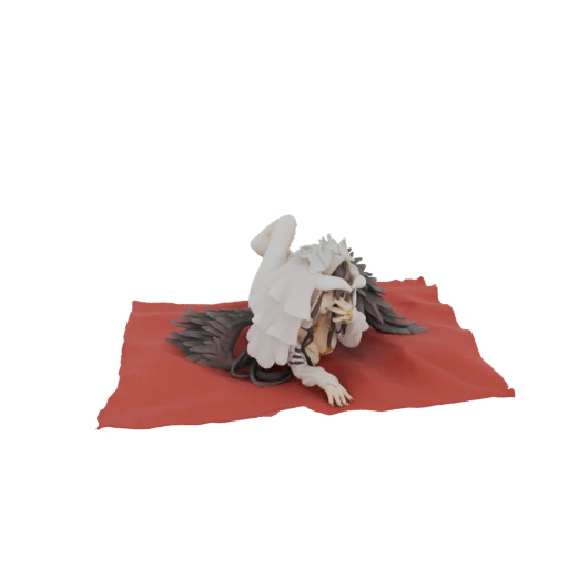 Fallen Angel Figure with Black Wings on Red Carpet