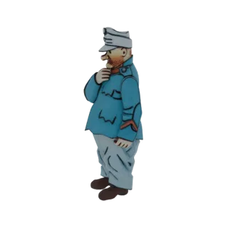 Modello 3D di un soldatino in stile cartone animato con uniforme e cappello blu, in piedi con una mano vicino al mento.