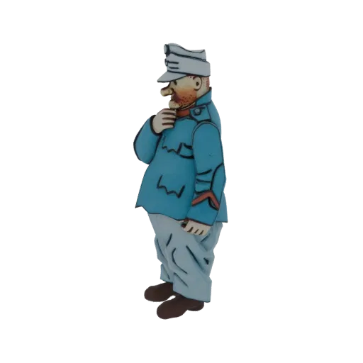 Modello 3D di un soldatino in stile cartone animato con uniforme e cappello blu, in piedi con una mano vicino al mento.