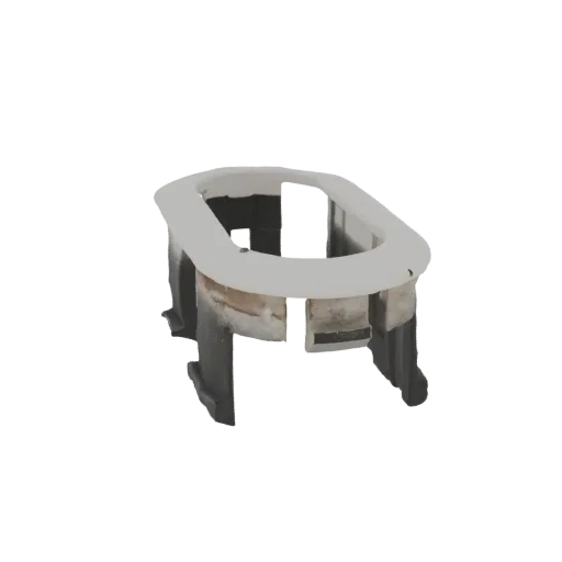 3D model render of an oval frame bracket with a light-colored top rim and a dark base, presented on a black background.