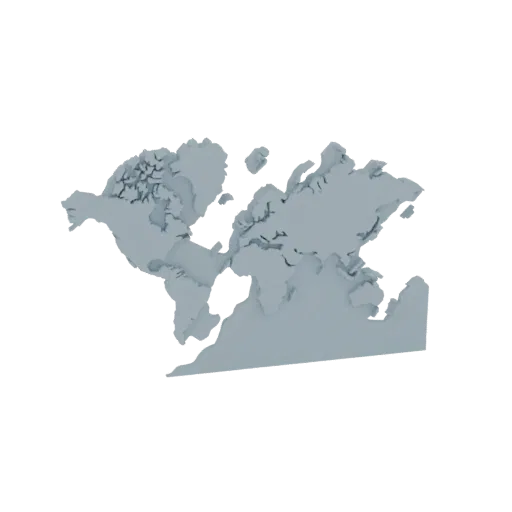 A 3D rendered model of the world map, showing continents and landmasses with raised relief, in a light gray color.