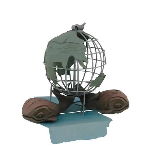 3D model of a stylized globe supported by two whales, with a bird on top, on a blue base.