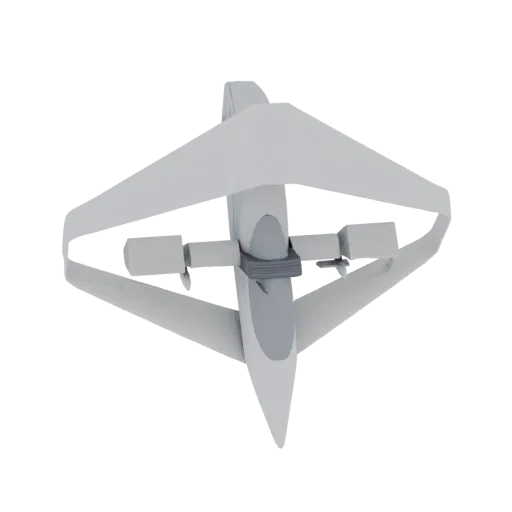 Rendu 3D d'un drone VTOL futuriste à ailes en flèche et nacelles moteur proéminentes, sur fond blanc.