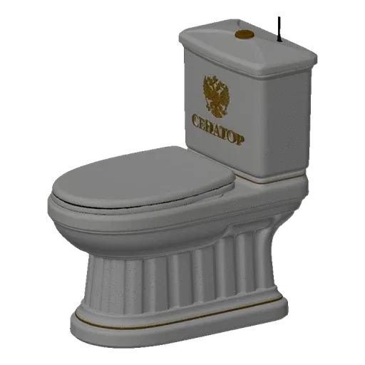 3D model of a white toilet with gold Russian emblem and text 'СЕНАТОР' on the cistern, set against a black background.