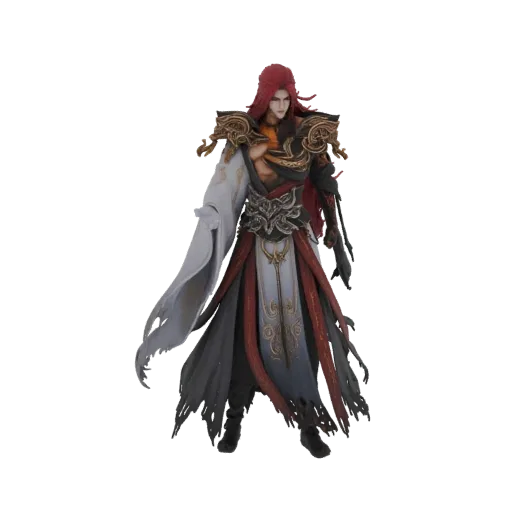 3D model of a fantasy warrior with long crimson hair, wearing ornate white and red robes with gold-accented armor.