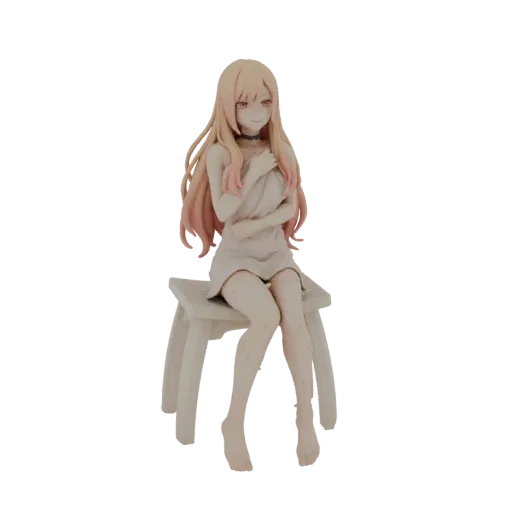 3D model of Marin Kitagawa wrapped in a towel, sitting on a stool, with a gentle smile.
