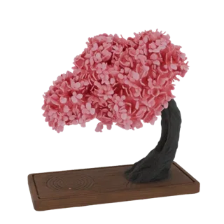 3D model of a pink cherry blossom bonsai tree with a dark trunk and a zen garden base, rendered on a white background.
