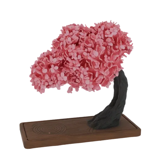 3D model of a pink cherry blossom bonsai tree with a dark trunk and a zen garden base, rendered on a white background.