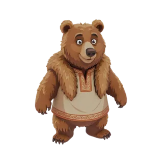 A 3D render of a friendly, stylized cartoon bear wearing a traditional tunic with intricate patterns, standing on a white bac