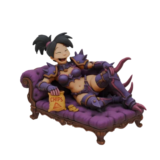 3D model of a warrior woman in purple armor lounging on a purple couch with a bag of chips, smiling.