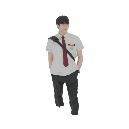 Modelo 3D de um estudante coreano com camisa branca, gravata vermelha e calça escura, com bolsa preta.