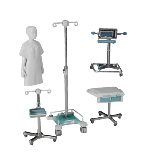 Modelo 3D Low Poly de Suporte de Soros Clínico, vista de três quartos do viewport do jogo, mostrando metal pintado, silhueta