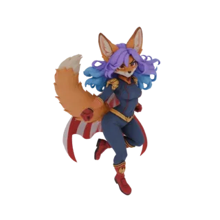 A 3D render of a foxy heroine character wearing a superhero costume with a red and white striped cape, posed dynamically.