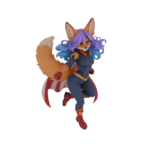 Rendu 3D d'un personnage d'héroïne renarde portant un costume de super-héroïne avec une cape à rayures rouges et blanches, en