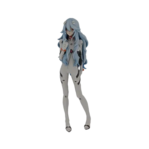 3D model of Rei Ayanami from Neon Genesis Evangelion in her white and blue plugsuit, with pale blue hair and red eyes.