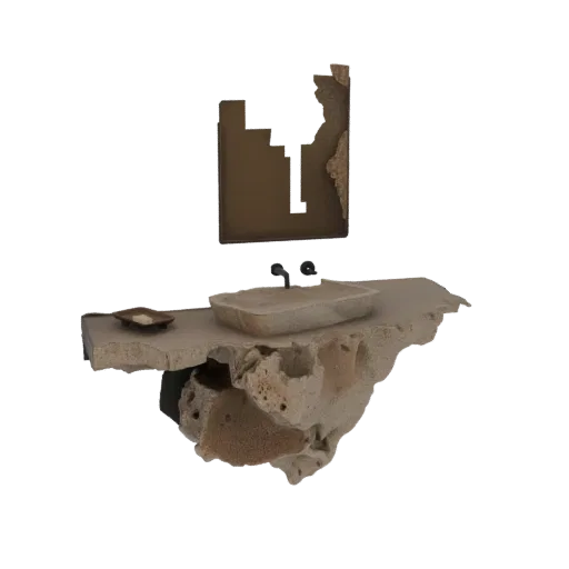 3D render of an organic stone vanity with an integrated sink and a uniquely shaped mirror, set against a white background.