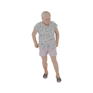 3D-Modell einer Frau in Blumenhemd und pinker Hose, entspannt stehend.
