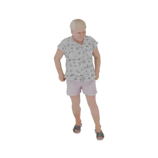 3D model of a woman wearing a floral print shirt and pink shorts, standing in a relaxed pose.