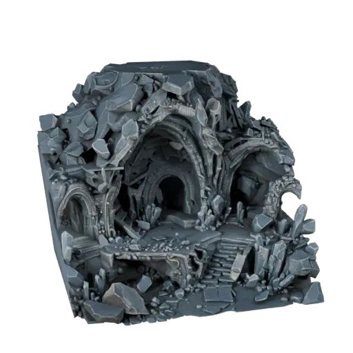 Crystal Cavern Room High Poly 3D model, close-up cinematic environment render, showing aged stone, built remnants.