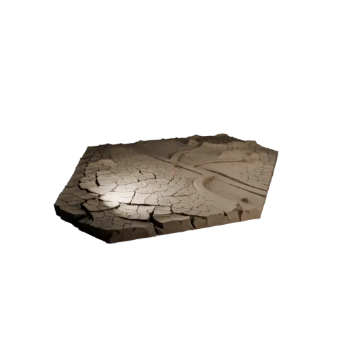 Cracked Dry Lake Bed Modular 3D model, isometric modular kit view, showing layered soil, dune ridges.