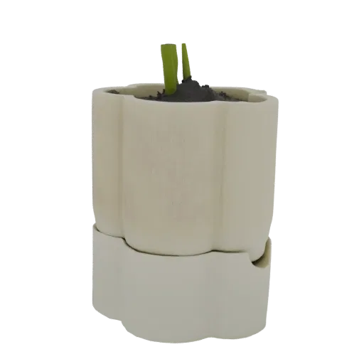A 3D render of a cream-colored flower pot with scalloped edges and a matching saucer, holding dark soil and two green plant s