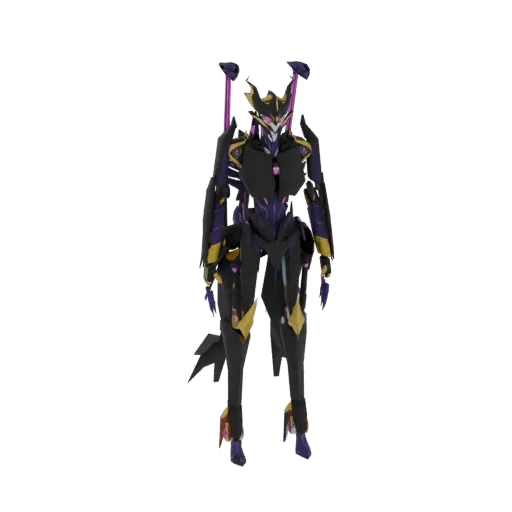 A full-body 3D render of a futuristic mech warrior with dark armor, purple and gold accents, standing against a black background.