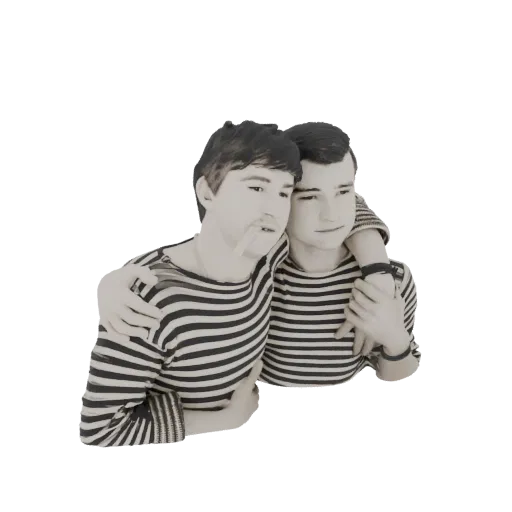 3D model of two men in striped shirts hugging, with one arm around the other's shoulder, rendered in grayscale.