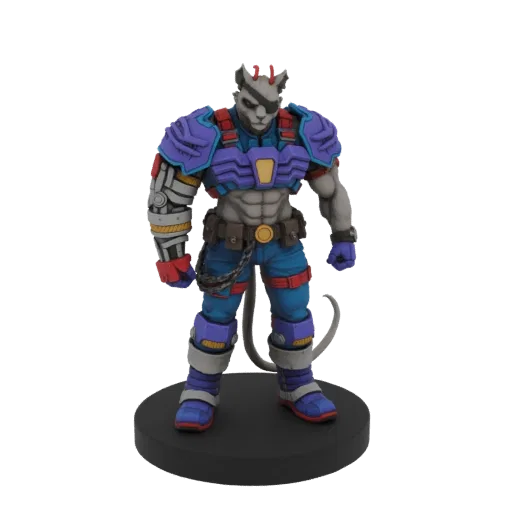 3D model of a cybernetic cat warrior with grey fur, purple and blue armor, robotic arm, and an eyepatch, standing on a black
