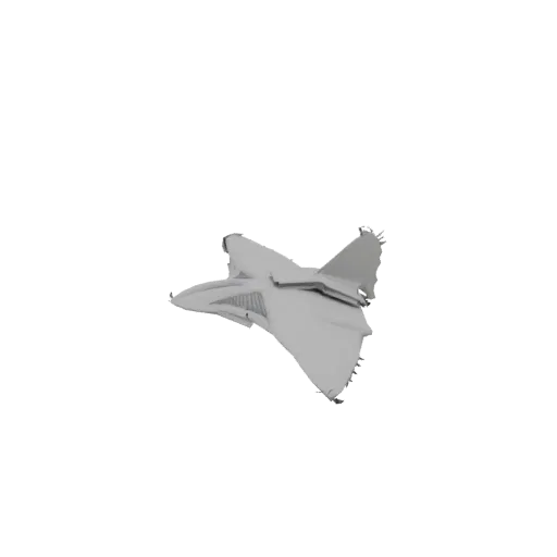 3D render of a futuristic stealth bomber with sharp angles and a metallic gray finish, set against a black background.