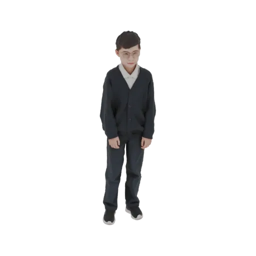 Modelo 3D de menino jovem com cardigã azul escuro, camisa branca e calças escuras, em pé e olhando para frente.