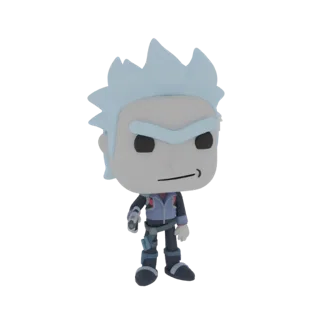 3D-Modell von Rick Sanchez aus Rick and Morty, trägt einen blau-grauen Sci-Fi-Overall und hält einen Blaster.