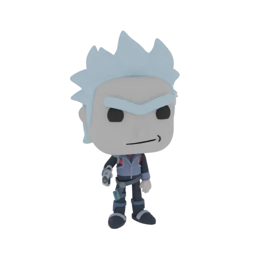 3D model of Rick Sanchez from Rick and Morty, wearing a blue and grey sci-fi jumpsuit and holding a blaster.