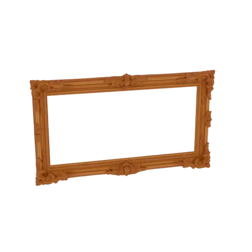 A detailed 3D render of an ornate, golden Baroque picture frame with intricate carvings and a blank interior space.