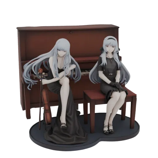 3D model of two elegant women in black dresses, one playing piano with a violin, the other sitting beside her, with a piano i