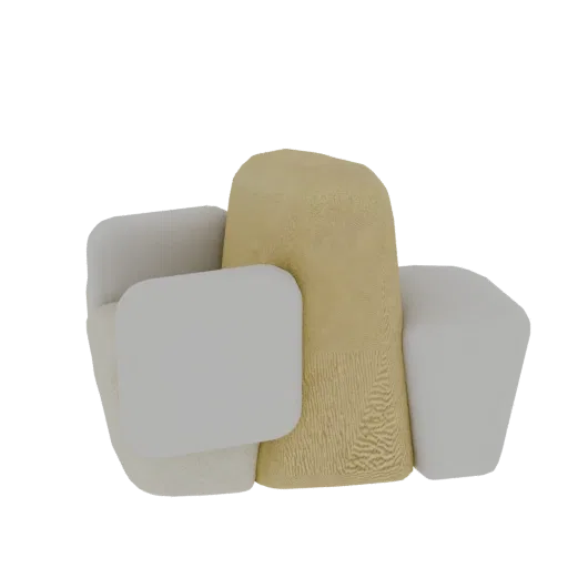 3D model of an abstract organic sofa with rounded white cushions and a tall, textured yellow central accent piece, set agains
