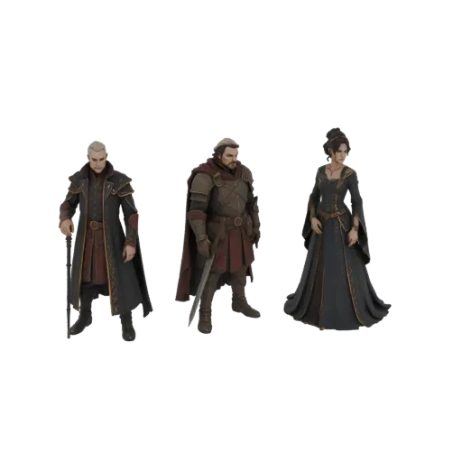 A 3D render of a fantasy noble trio, featuring a woman in a blue gown and two men in ornate attire and armor, standing agains