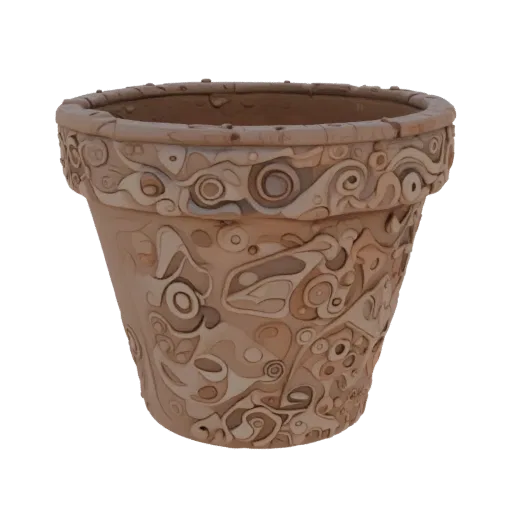 Modelo 3D vaso terracota para flores com ornamento ondulado caótico