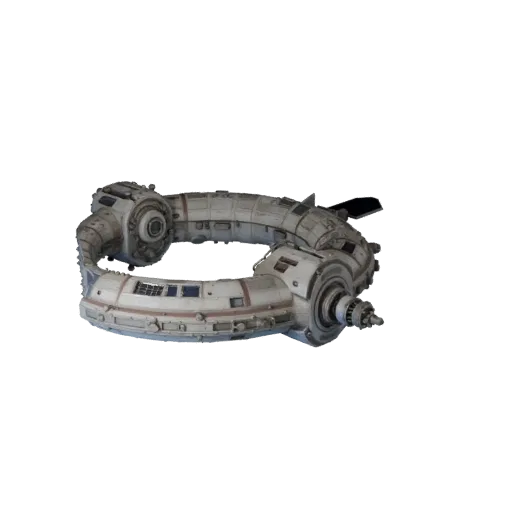 Deep Space Docking Hub Realistic 3D model, three-quarter studio render, showing metal modules, modular station layout.