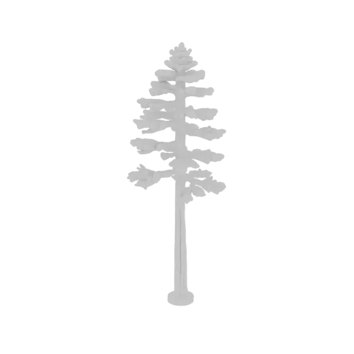 A 3D model of a stylized pine tree with textured foliage and a visible trunk, presented on a white background.