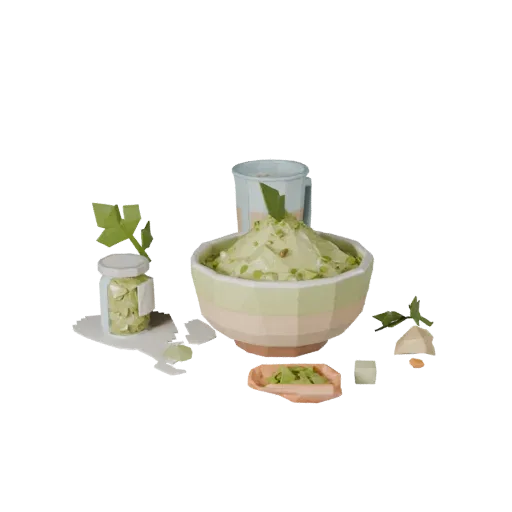 Fresh Herb Flour Bowl Low Poly 3D model, game viewport three-quarter view, showing powders, small ingredient shapes.
