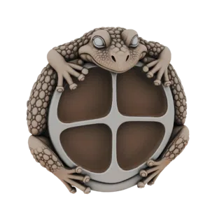Modelo 3D de una rana texturizada con ojos grandes, abrazando una esfera marrón con una hendidura de cruz gris, contra un fon