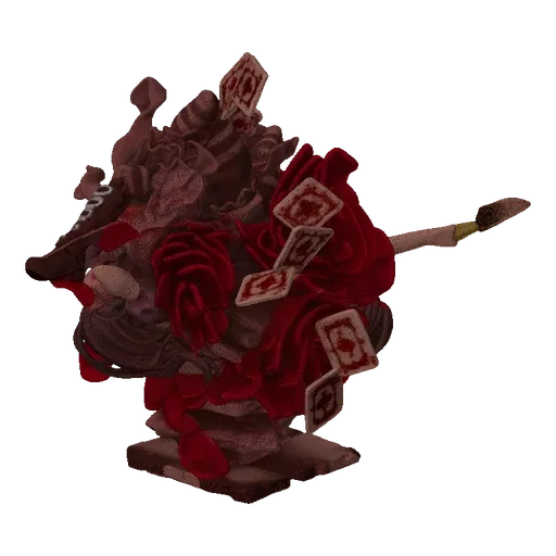 Modelo 3D de una escultura surrealista inspirada en Alicia en el País de las Maravillas, con rosas rojas entrelazadas y carta