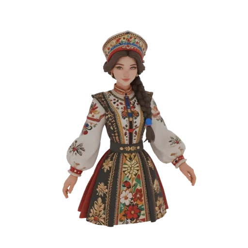 3D model of a Russian beauty in a traditional folk costume with a kokoshnik adorned with vibrant patterns