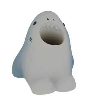 Modelo 3D de um tubarão fofo estilo desenho animado, cinza claro, com a boca bem aberta, sentado com as barbatanas no chão.