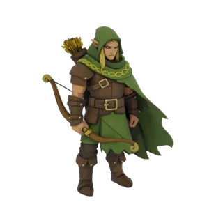 Modelo 3D de un arquero elfo de fantasía con orejas puntiagudas, capa con capucha verde, armadura de cuero, sosteniendo un ar
