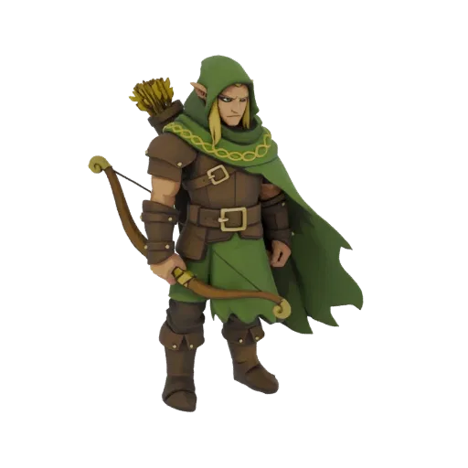 3D model of a fantasy elf archer with pointed ears, green hooded cloak, leather armor, holding a bow and quiver.