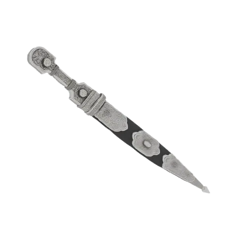 3D model of an ornate dagger with a dark scabbard, featuring intricate silver-like metalwork on the hilt and scabbard.