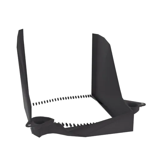 3D render of a black, futuristic intake manifold with sharp angles and detailed perforations, set against a white background.