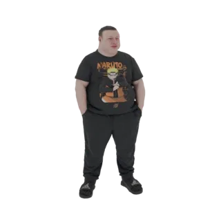 Modello 3D di un uomo robusto con maglietta nera Naruto e pantaloni della tuta neri, in piedi con le mani in tasca.